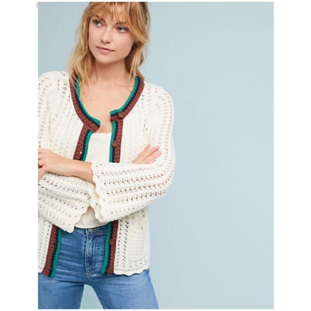 ANTHROPOLOGIE Postmark Elise Open Knit Cardigan Off White XS